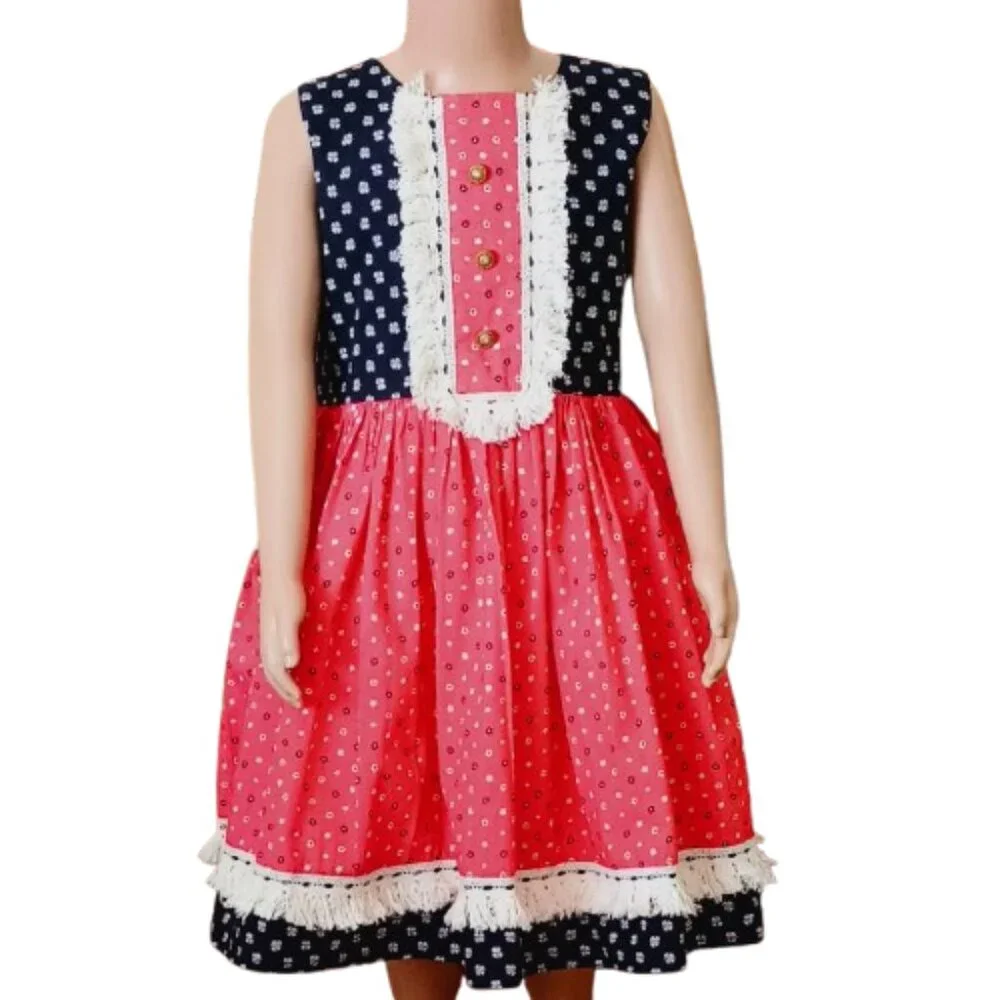 Haute Baby Peasant Floral Dress 7 Blue Orange Short Sleeves Ruffle & Fringe Hem